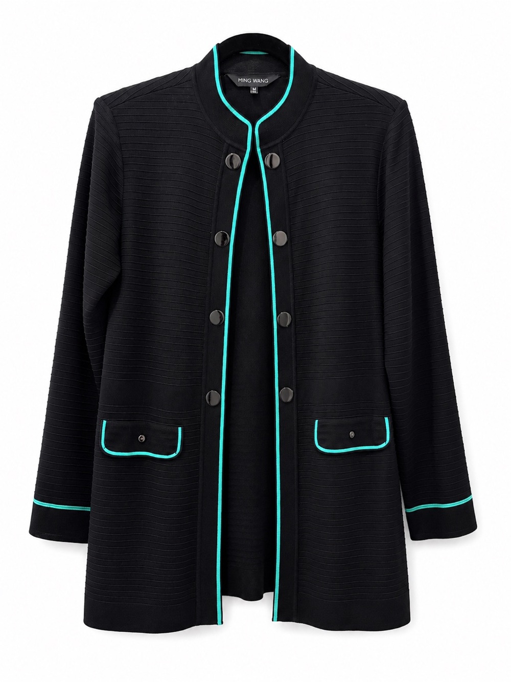 Ming Wang Black Travel Knit Jacket Teal Trim Long Cardigan quiet luxury M NWOT - Picture 2 of 9